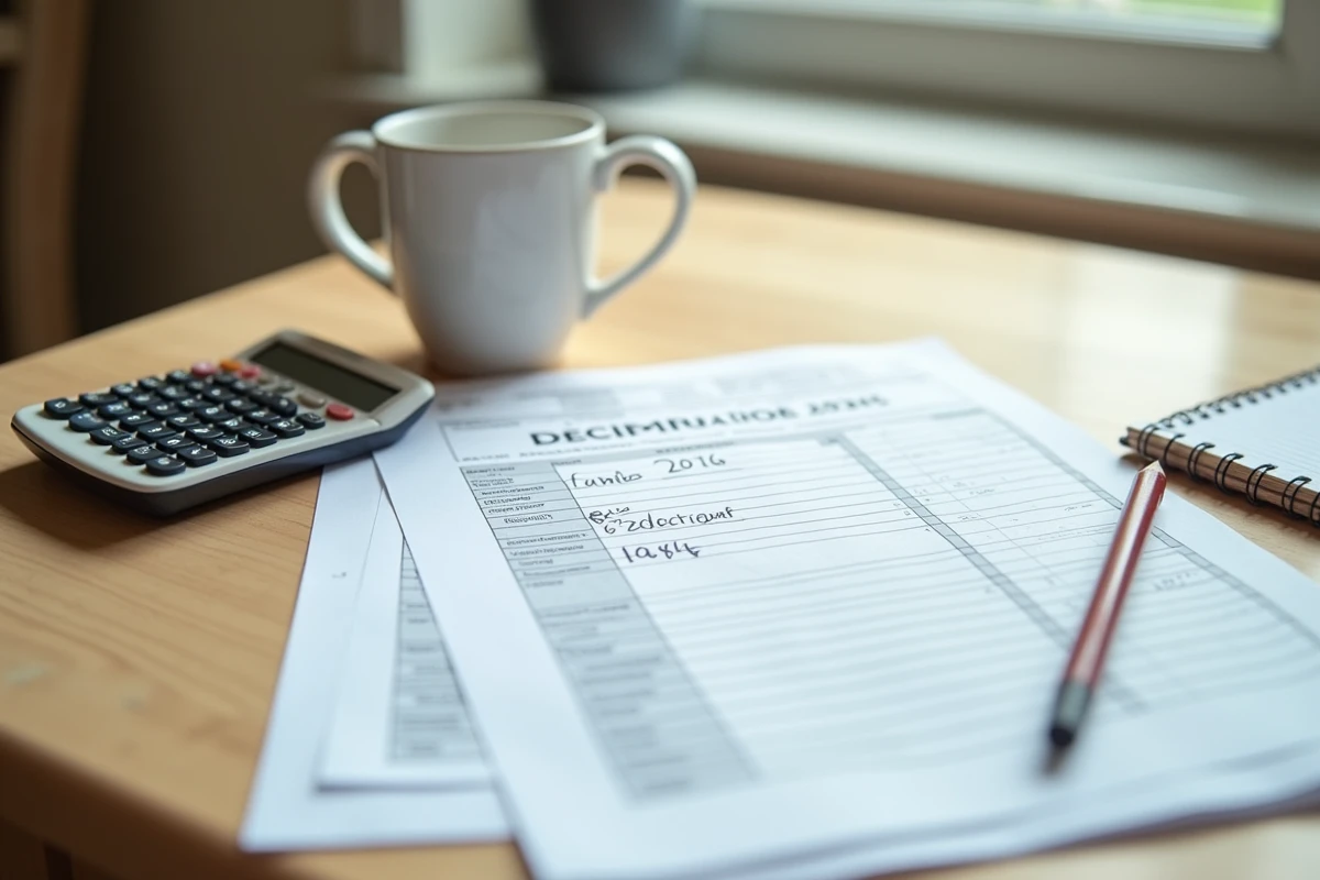 Documents fiscaux et calculs manuscrits comparant le forfait 10% et les frais kilométriques réels pour la déclaration d'impôts 2026
