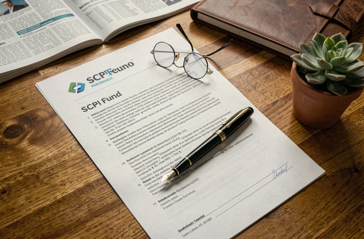 Documents de placement SCPI en assurance vie avec stylo et prospectus sur bureau en chêne