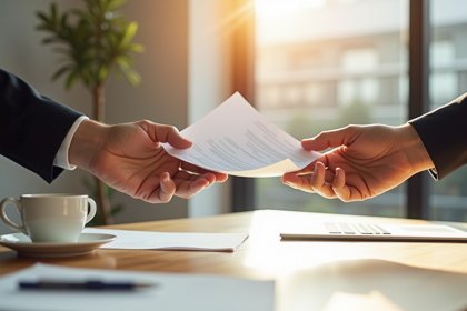 Échange de documents entre deux mains sur un bureau moderne