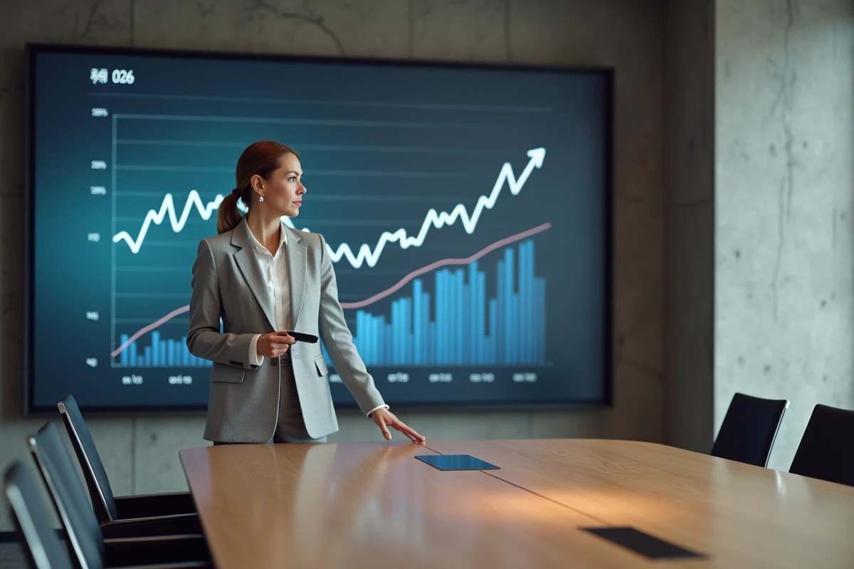Économiste féminine présentant des prévisions de taux d'intérêt pour 2026 devant un écran graphique dans une salle de conférence professionnelle