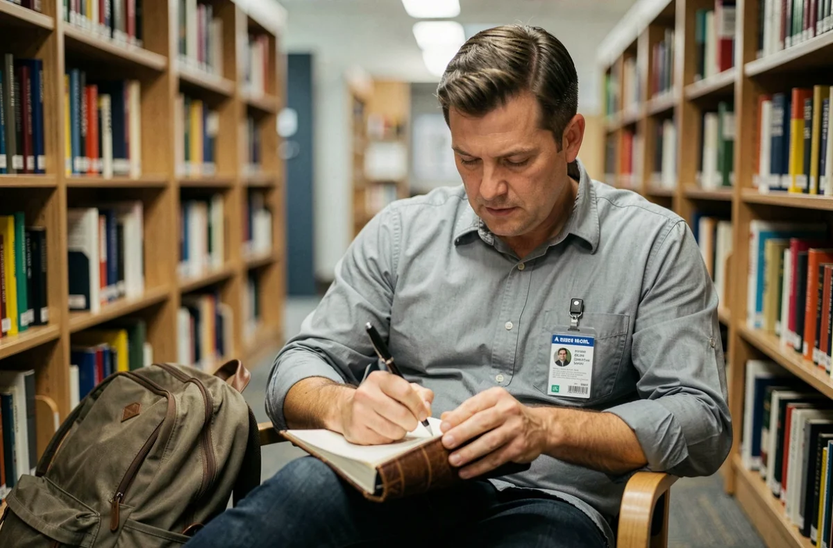 Homme écrivant dans son journal pendant sa pause déjeuner à la bibliothèque, conciliant travail salarié et passion littéraire