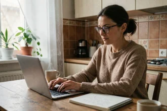 Femme écrivaine travaillant sur son roman le matin avant son emploi principal, alliant écriture et vie professionnelle