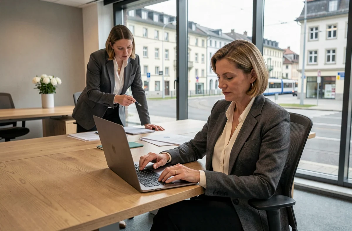 Employée frontalière travaillant dans un bureau moderne en Suisse, symbolisant l'attractivité des conditions salariales suisses pour les travailleurs transfrontaliers
