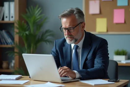 Professeur en costume bleu examine une fiche de salaire