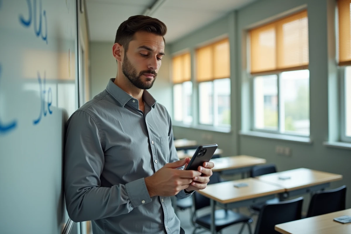 Enseignant vérifiant la date de virement de son salaire sur smartphone dans une salle de classe