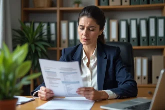 Enseignante de l'éducation nationale examinant attentivement son bulletin de salaire à son bureau pour détecter une anomalie