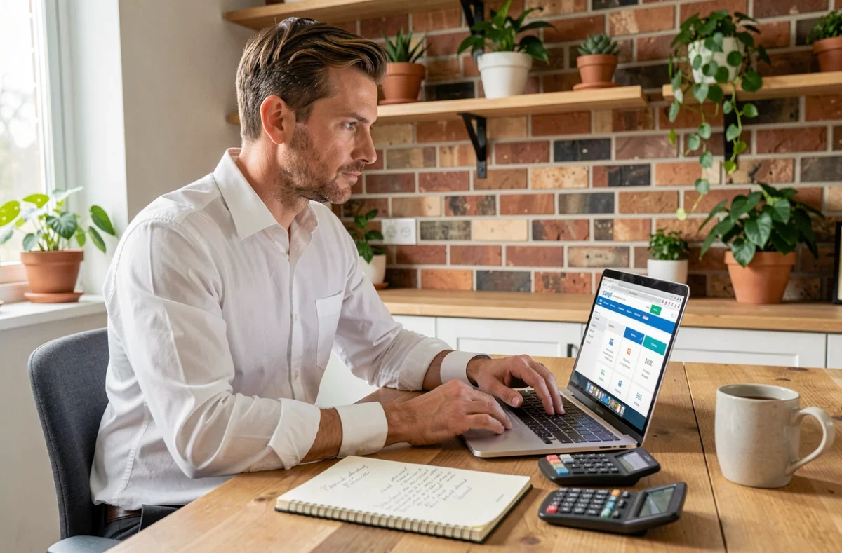 Entrepreneur comparant des offres d'assurance professionnelle en ligne depuis son bureau à domicile