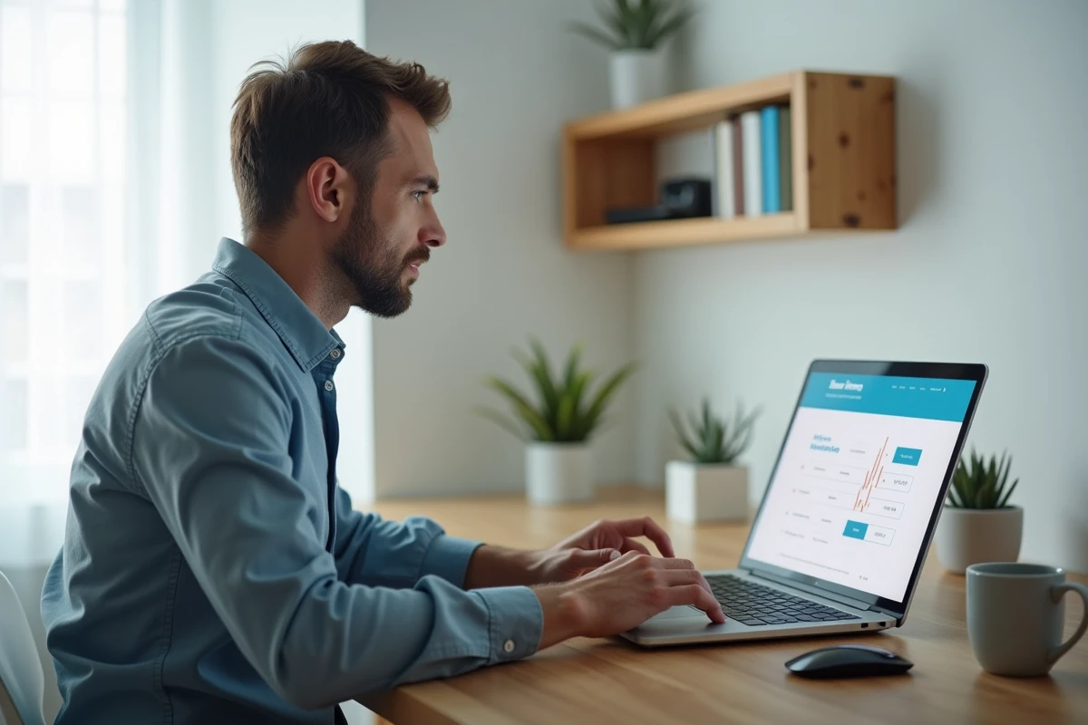 Entrepreneur comparant les offres d'assurance en ligne via une plateforme digitale comme Qlara depuis son bureau à domicile