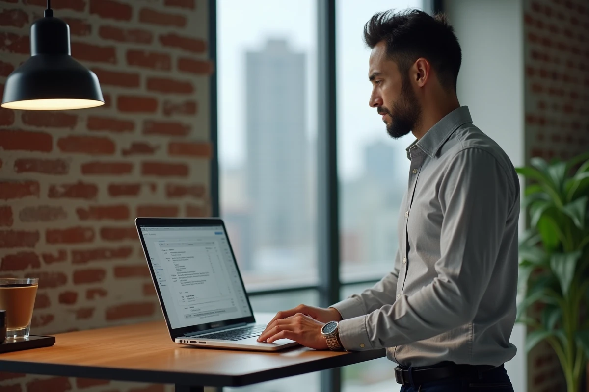 Entrepreneur masculin consultant des conditions générales de vente avec clause de paiement comptant sur ordinateur portable dans un bureau moderne