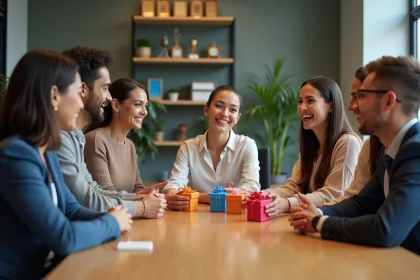 Groupe de professionnels souriants lors d'une r&eacute;union d'&eacute;quipe