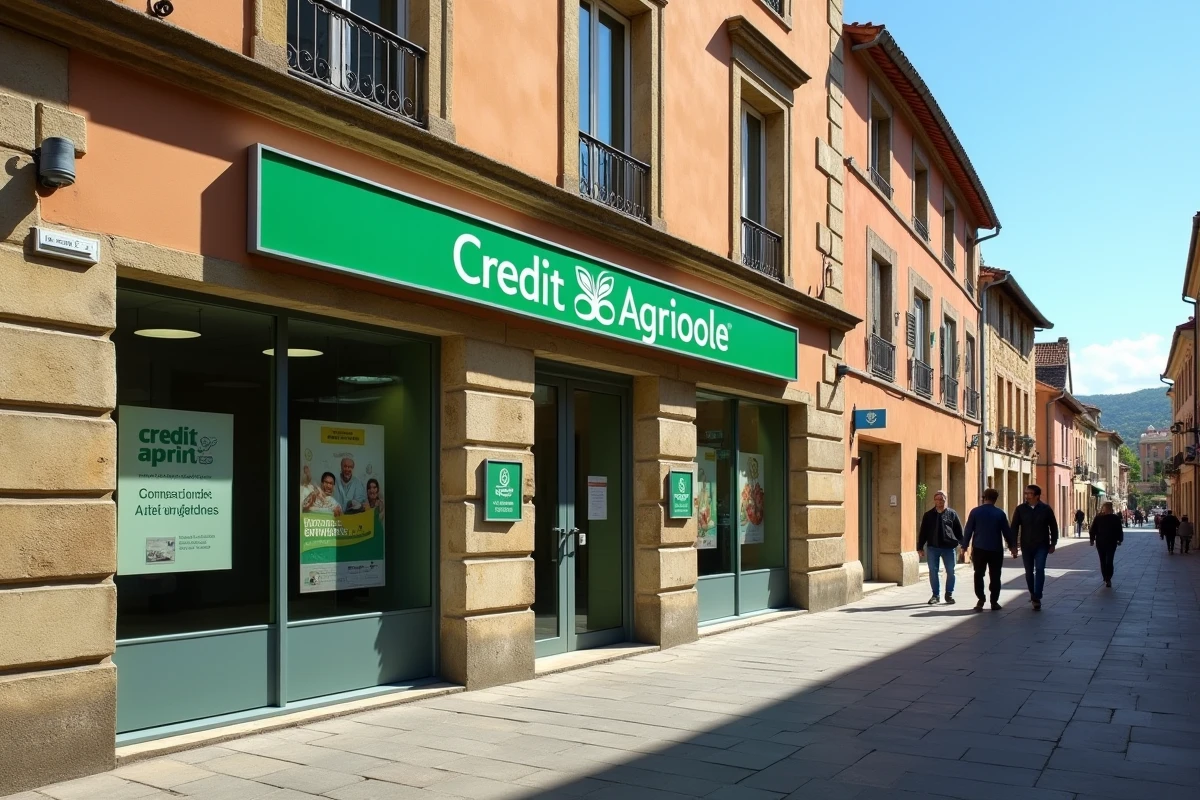 Façade d'une agence Crédit Agricole Gers en centre-ville d'une petite commune du département, architecture typique du Sud-Ouest français