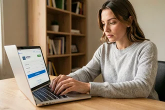 Femme utilisant une carte bancaire virtuelle CMB Virtualis pour un achat en ligne sur ordinateur portable