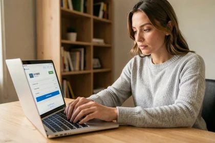 Femme utilisant une carte bancaire virtuelle CMB Virtualis pour un achat en ligne sur ordinateur portable