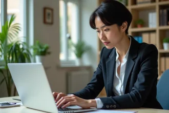 Femme d'affaires regardant un site administratif français