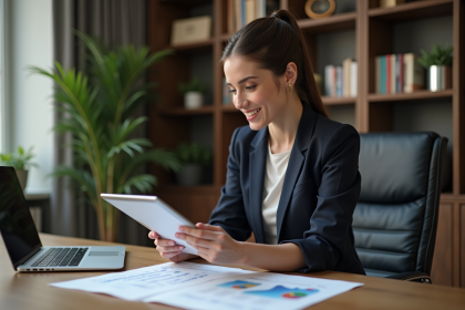 Femme d'affaires concentrée travaillant sur ordinateur dans un bureau moderne