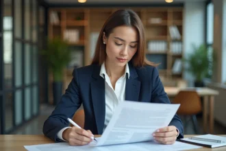 Femme d'affaires en blazer marine examinant un contrat de vente avec des conditions de paiement comptant dans un bureau moderne