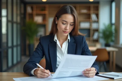 Femme d'affaires en blazer marine examinant un contrat de vente avec des conditions de paiement comptant dans un bureau moderne