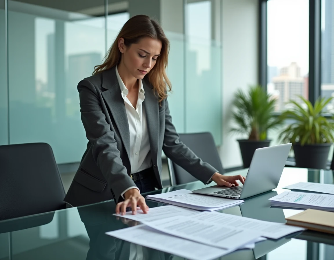 Femme d'affaires en blazer charbon consultant des dossiers fiscaux et une liste de conformité pour respecter les délais du bilan comptable