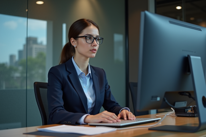 Femme d'affaires en costume bleu analysant des documents financiers