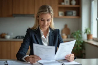 Femme d'affaires lisant des documents d'assurance à la maison