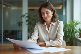 Femme d'affaires examinant des documents d'assurance