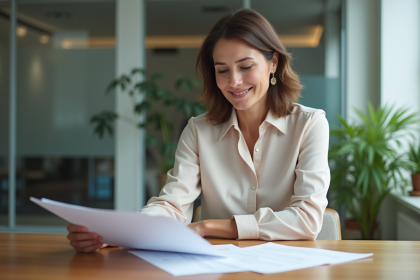 Femme d'affaires examinant des documents d'assurance