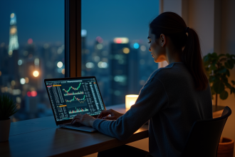 Jeune femme étudiant des graphiques boursiers la nuit