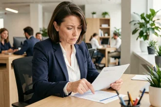 Femme d'affaires analysant un relevé bancaire avec un libellé de paiement peu clair dans un bureau moderne