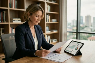 Femme analyant des documents financiers sur une SCPI à son bureau à domicile