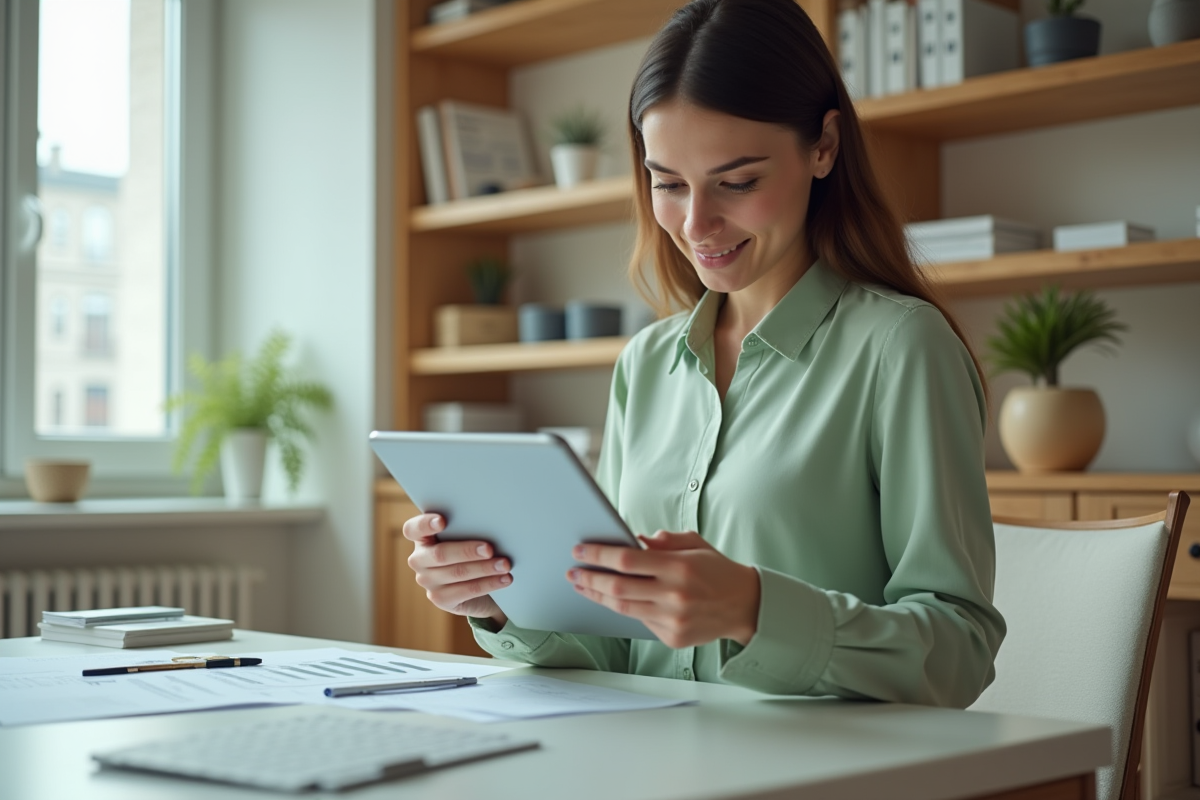Jeune femme examinant une application financière sur tablette