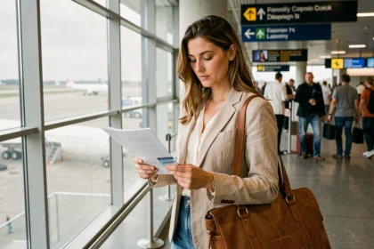 Femme consultant son assurance voyage dans un terminal d'aéroport européen avant le départ