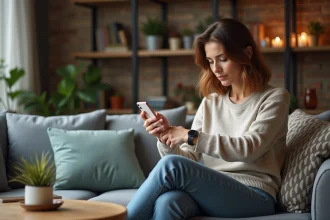 Femme pensive regardant sa montre dans un salon cosy