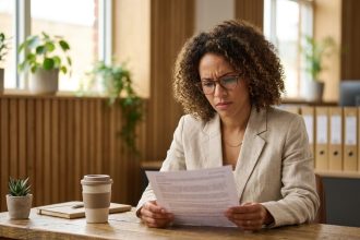 Femme examinant un document dans une agence de banque éthique aux tons chaleureux et naturels
