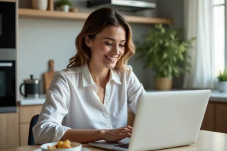 Femme en business casual consulte ses comptes en ligne