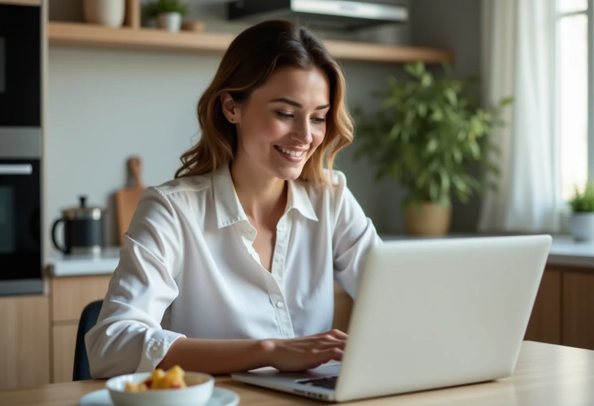 Femme en business casual consulte ses comptes en ligne