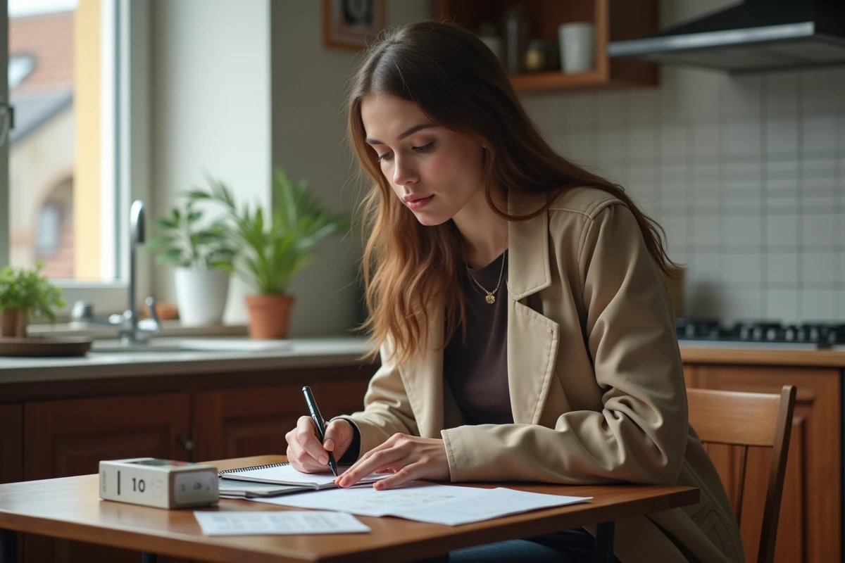 Jeune femme belge calculant avec cigarettes dans une cuisine chaleureuse