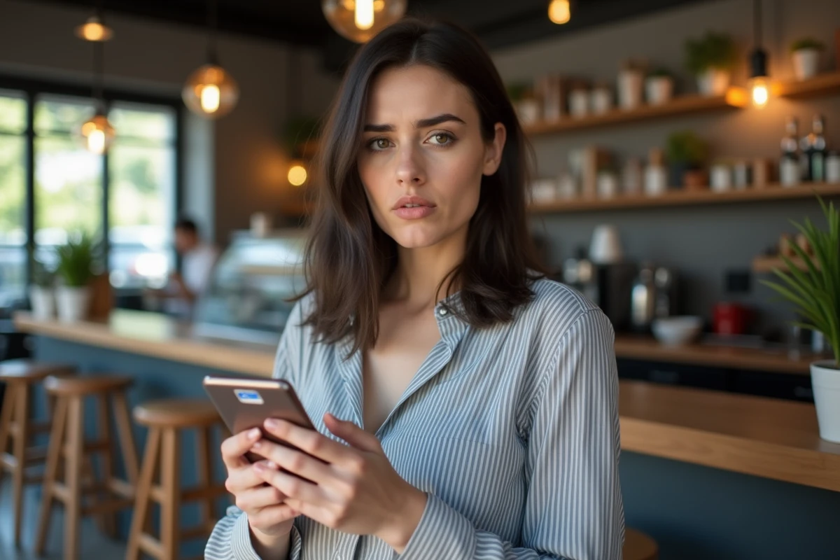 Femme tenant un smartphone affichant un blocage de paiement PayPal dans un café moderne