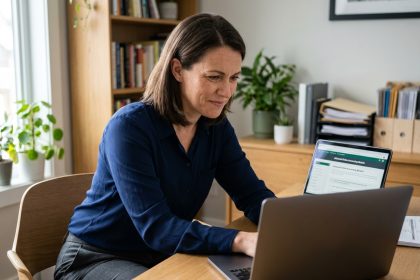 Femme concentrée travaillant sur son ordinateur dans un bureau moderne