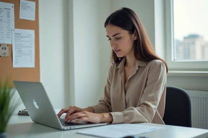 Jeune femme concentr&eacute;e travaillant &agrave; son bureau moderne