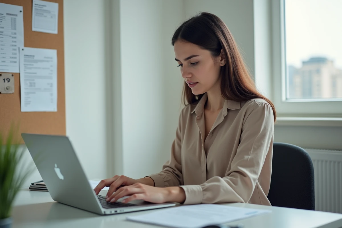Jeune femme concentrée travaillant à son bureau moderne