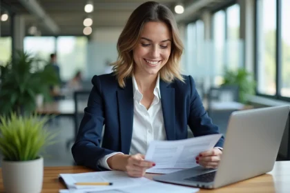 Femme en bureau lisant un manuel avec un sourire