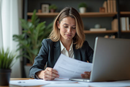 Femme professionnelle assise à son bureau à domicile