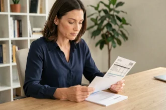 Femme professionnelle analysant un bulletin de salaire et des documents de calcul brut net en CDI à son bureau
