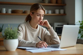 Femme concentrée sur son ordinateur dans une cuisine chaleureuse