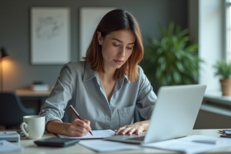 Femme en bureau calculant des chiffres avec concentration