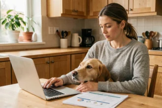 Femme comparant des assurances pour chien sur son ordinateur portable avec son golden retriever à ses côtés