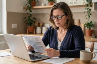 Femme d'une quarantaine d'années comparant des offres de mutuelle individuelle sur ordinateur portable à la maison