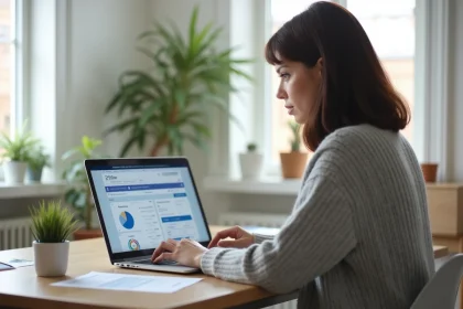 Femme consultant son compte en ligne Caisse d'Epargne sur un ordinateur portable pour activer les alertes SMS et e-mails