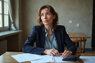 Femme concentrée en train de gérer ses finances à la maison