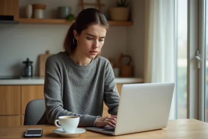 Femme consultant son relevé bancaire sur un ordinateur portable à la maison après avoir reçu un virement inattendu de 1745 euros